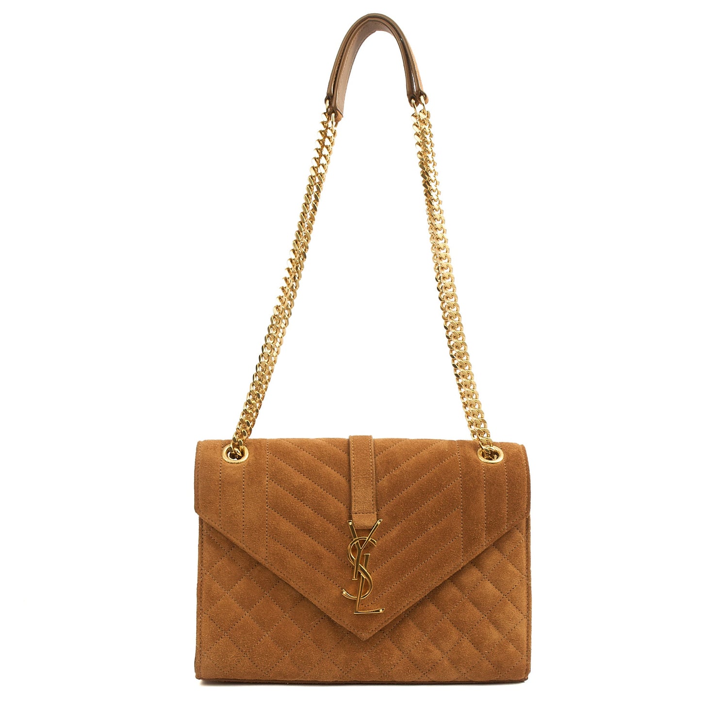 Saint Laurent Cross Body Envelope Shoulder Bag - Small in Brown, Suede — Detail View