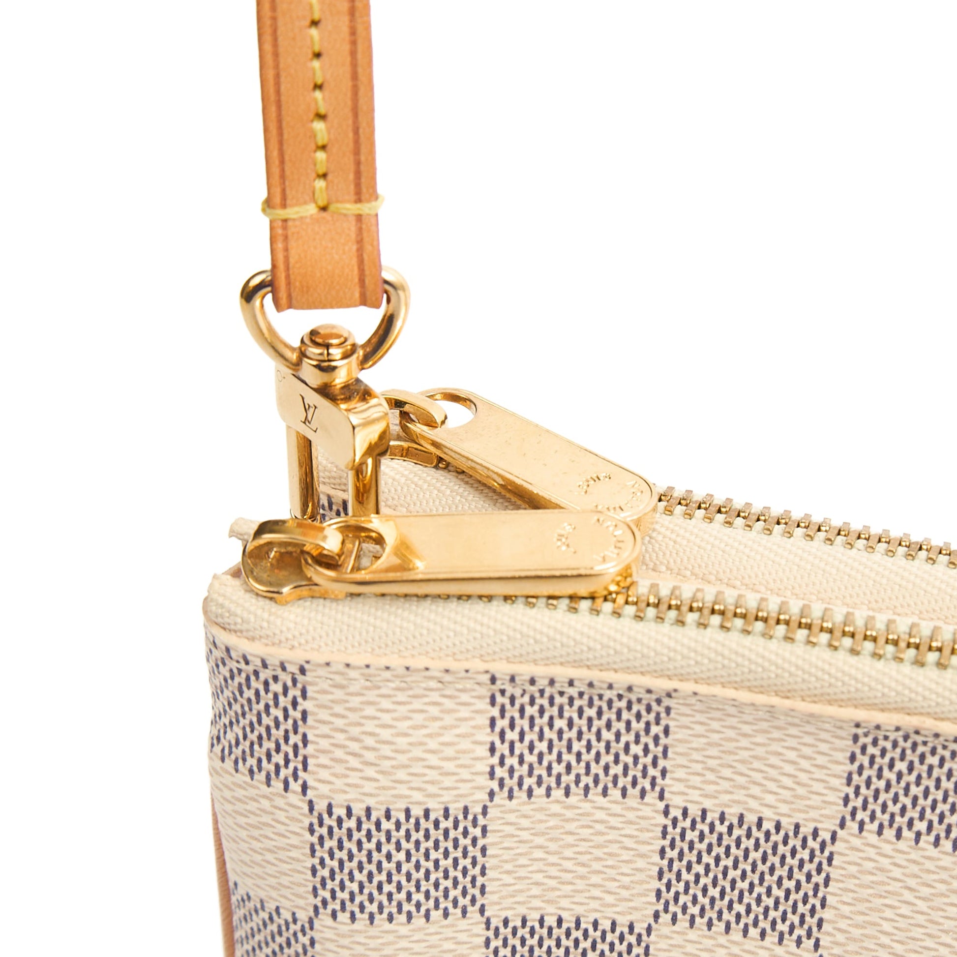 Louis Vuitton Cross Body Double Zip Pochette in Damier Azur, Canvas — Top View