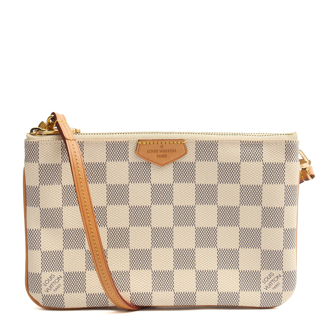 Louis Vuitton Cross Body Double Zip Pochette in Damier Azur, Canvas — Front View