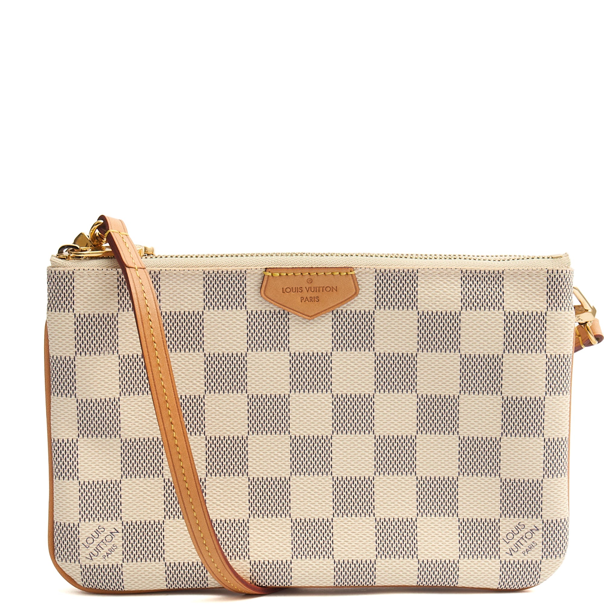 Louis Vuitton Cross Body Double Zip Pochette in Damier Azur, Canvas — Front View