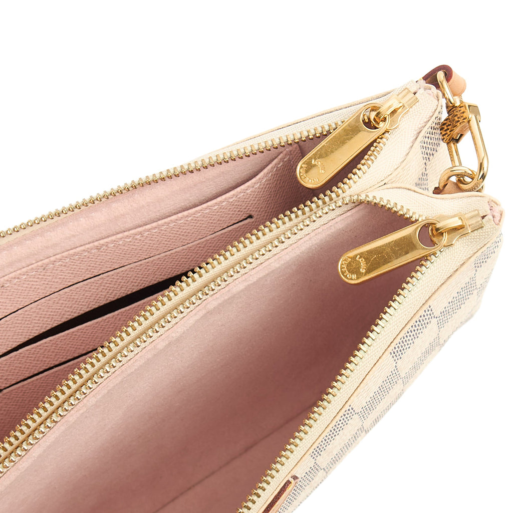 Louis Vuitton Cross Body Double Zip Pochette in Damier Azur, Canvas — Detail View