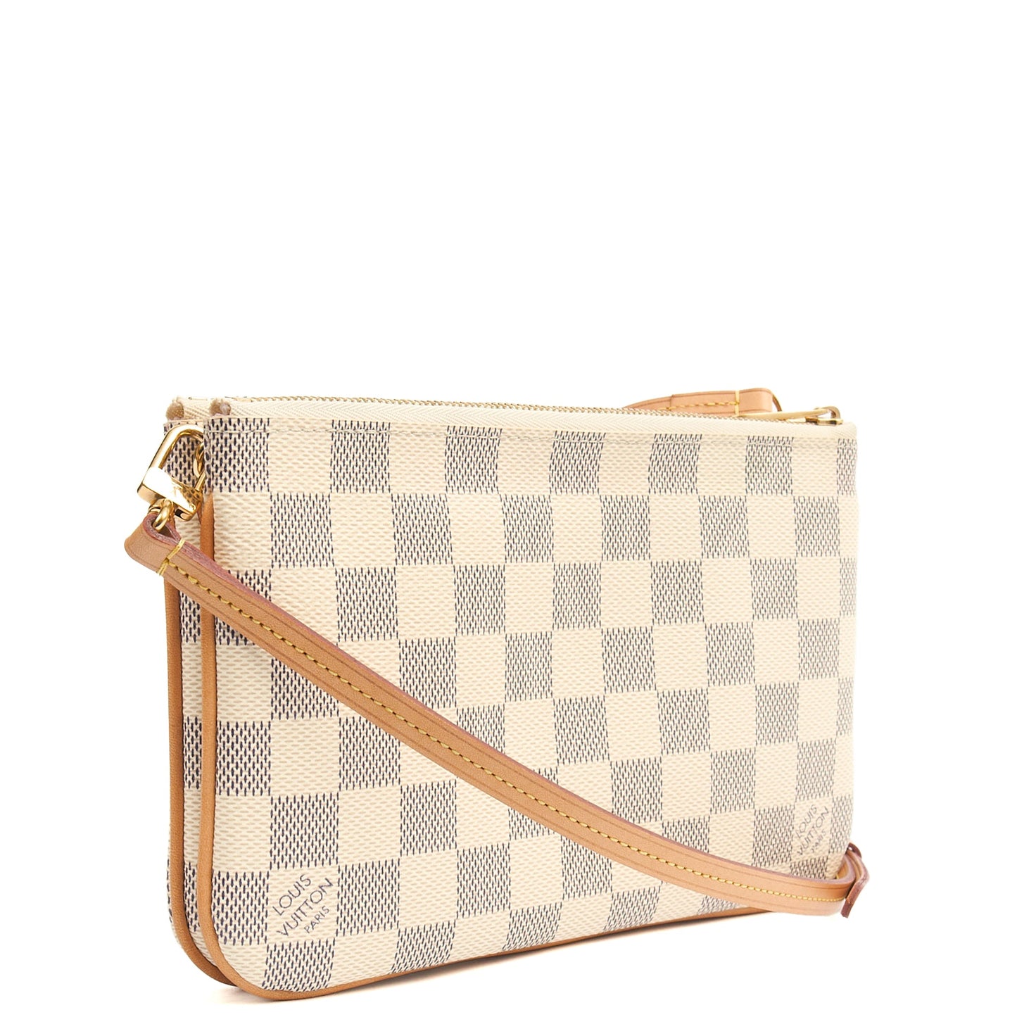 Louis Vuitton Cross Body Double Zip Pochette in Damier Azur, Canvas — Side View