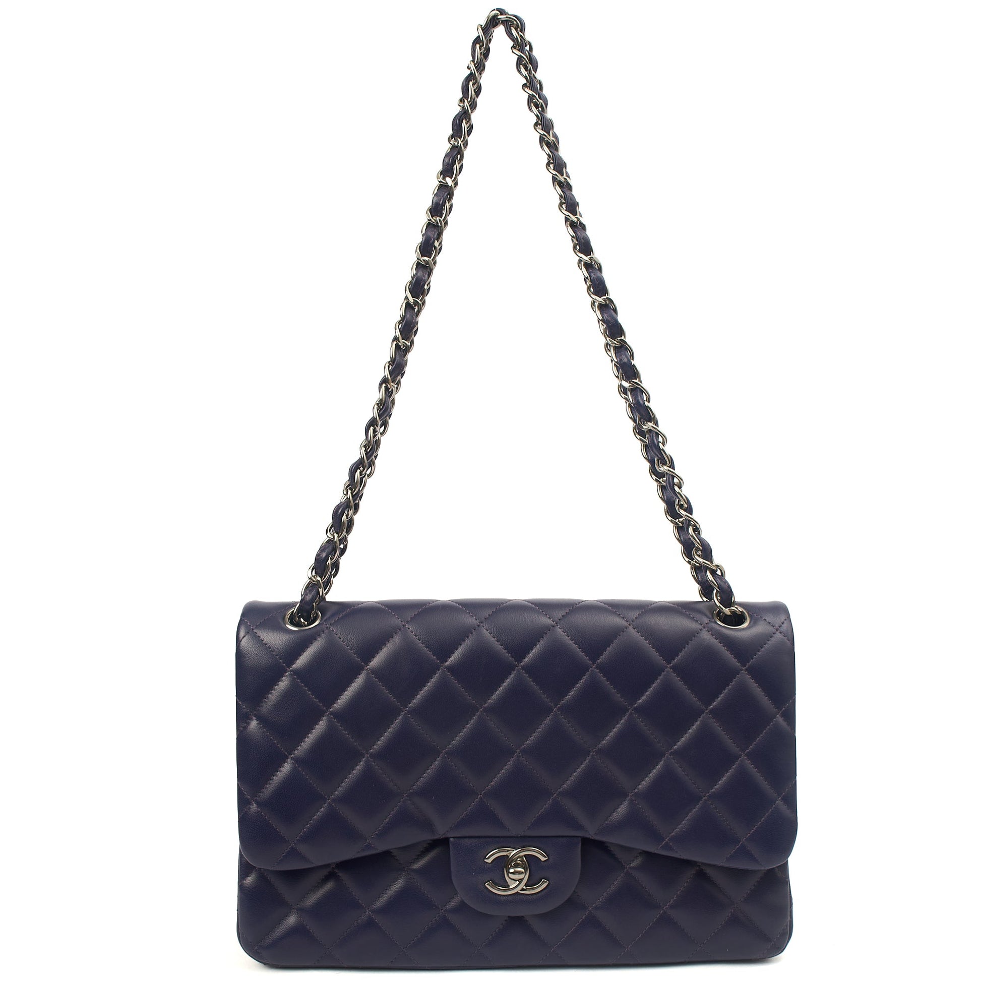 Chanel Shoulder Bag Classic Double Flap - Large in Purple, Calfskin Leather — Detail View