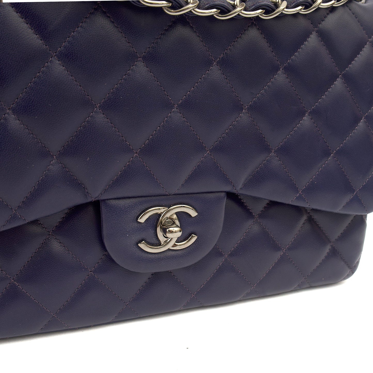 Chanel Shoulder Bag Classic Double Flap - Large in Purple, Calfskin Leather — Lifestyle View