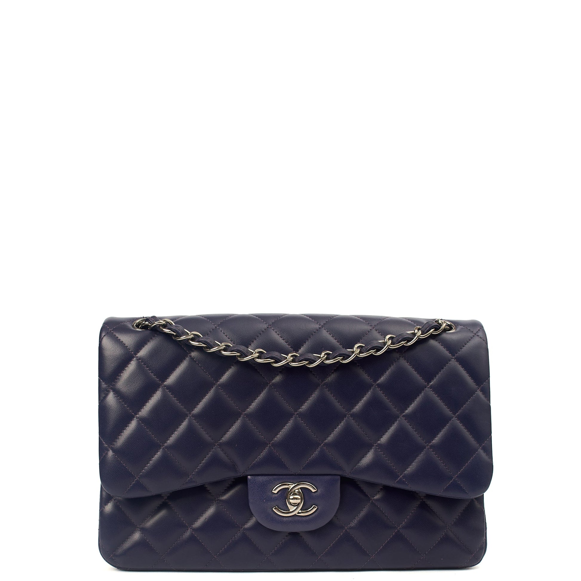 Chanel Shoulder Bag Classic Double Flap - Large in Purple, Calfskin Leather — Front View