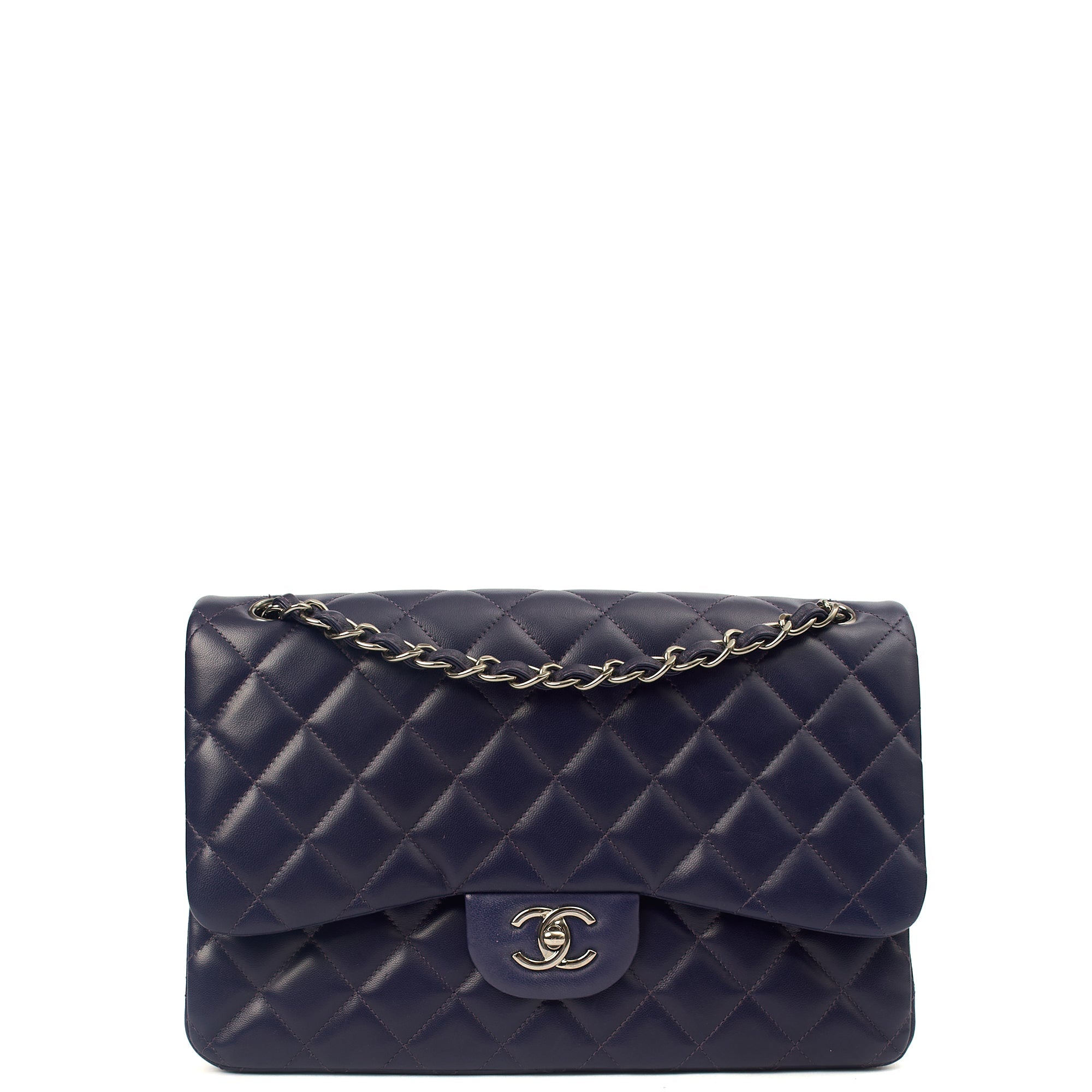 Chanel Shoulder Bag Classic Double Flap - Large in Purple, Calfskin Leather — Front View