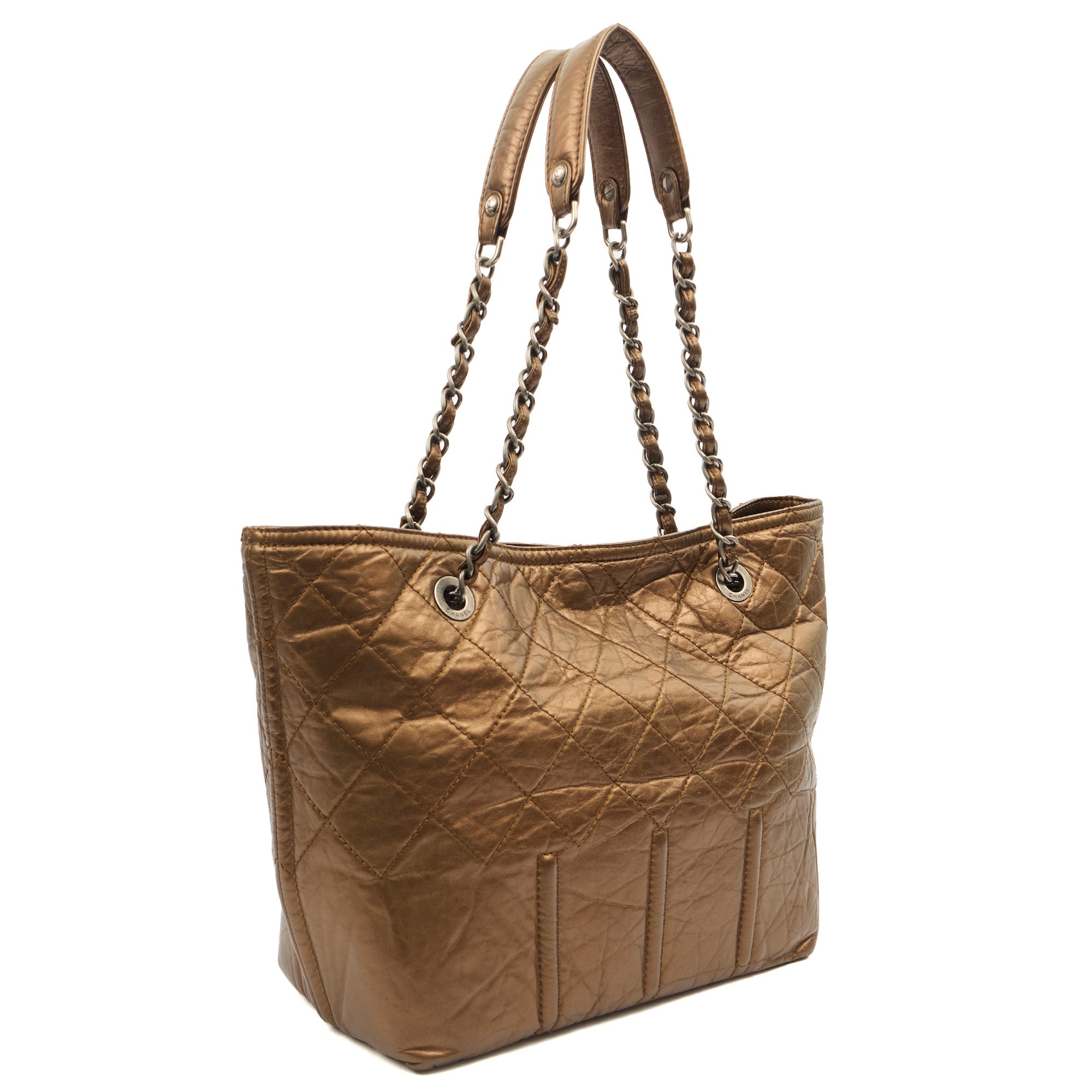 Chanel Tote in Metallic, Crinkled Calfskin Leather — Side View