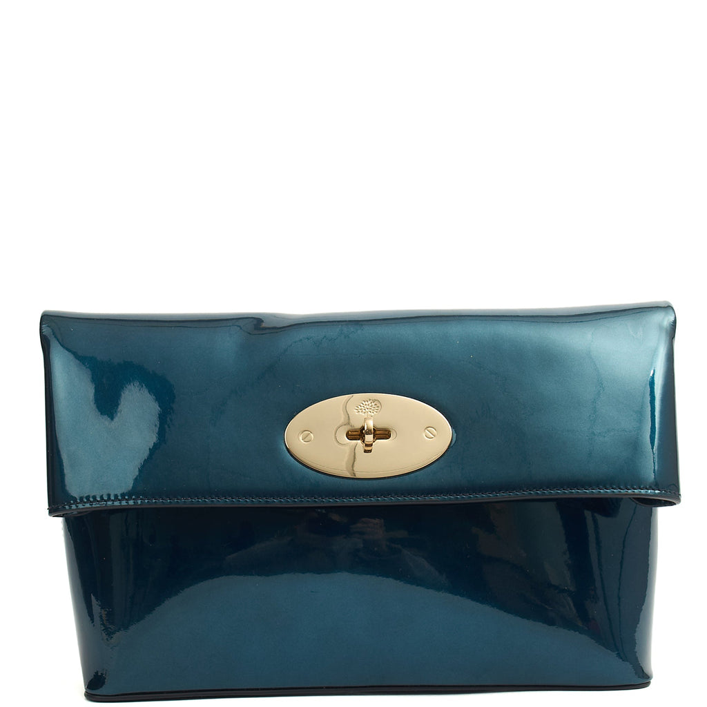 Mulberry Clutch Postman's Lock Pouch in Blue, Patent Leather — Front View