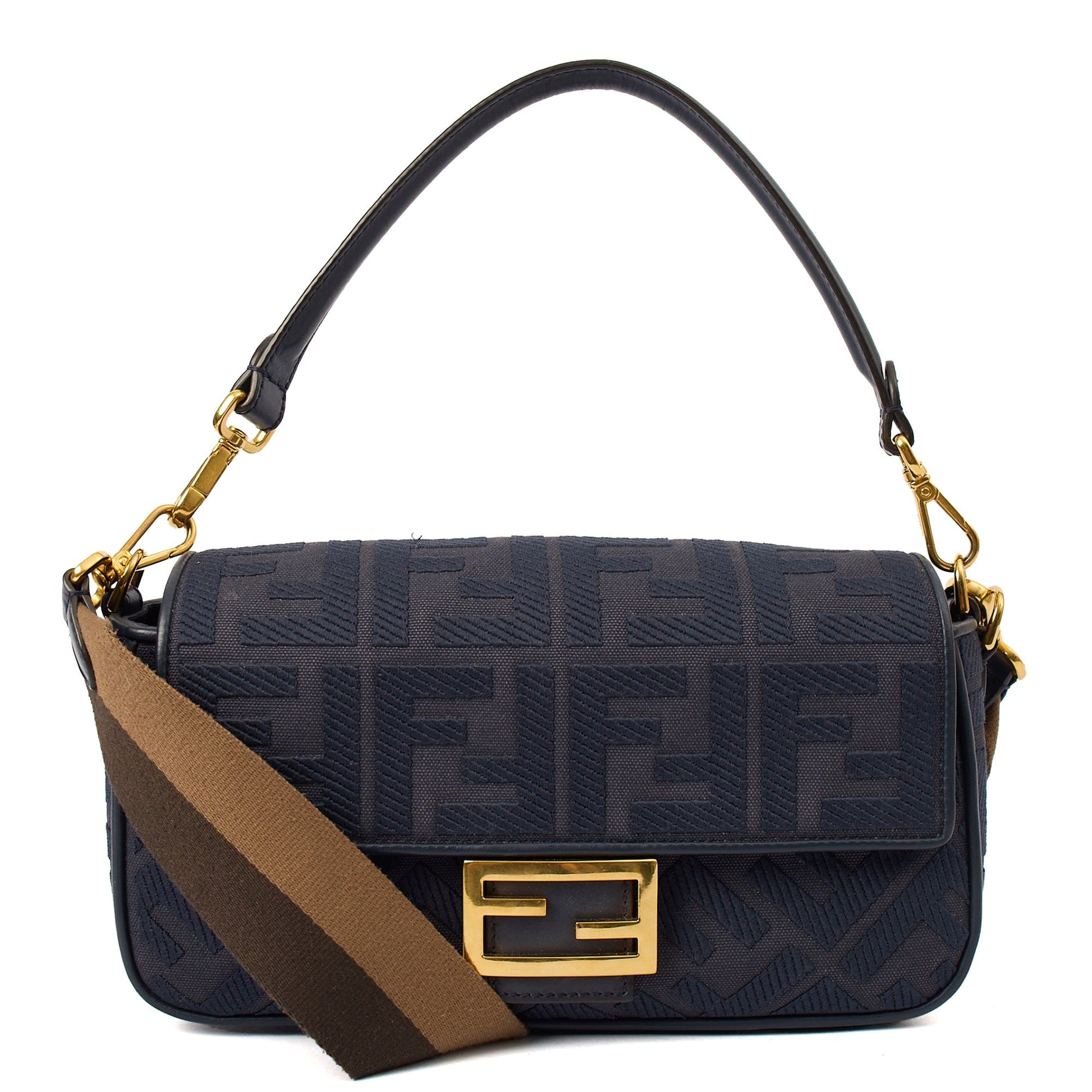 Fendi Cross Body Baguette in Navy Zucca Canvas — Front View