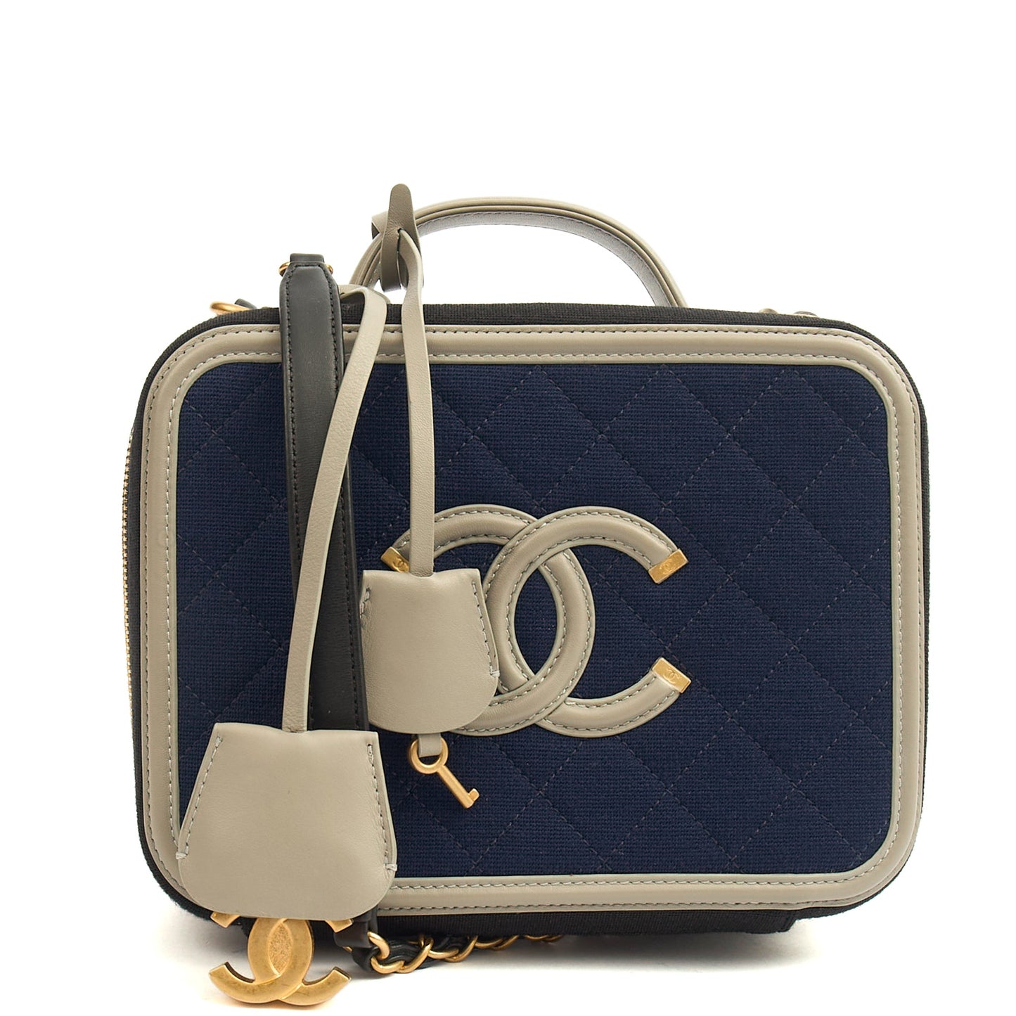 Chanel Shoulder Bag CC Filigree Vanity Case in Blue, Fabric — Front View
