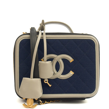 Chanel Shoulder Bag CC Filigree Vanity Case in Blue, Fabric — Front View