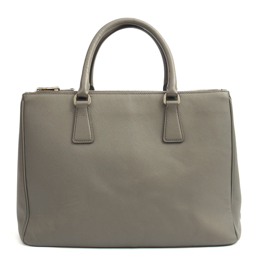 Prada Tote Galleria - Medium Double Zip Tote in Grey, Saffiano Leather — Back View