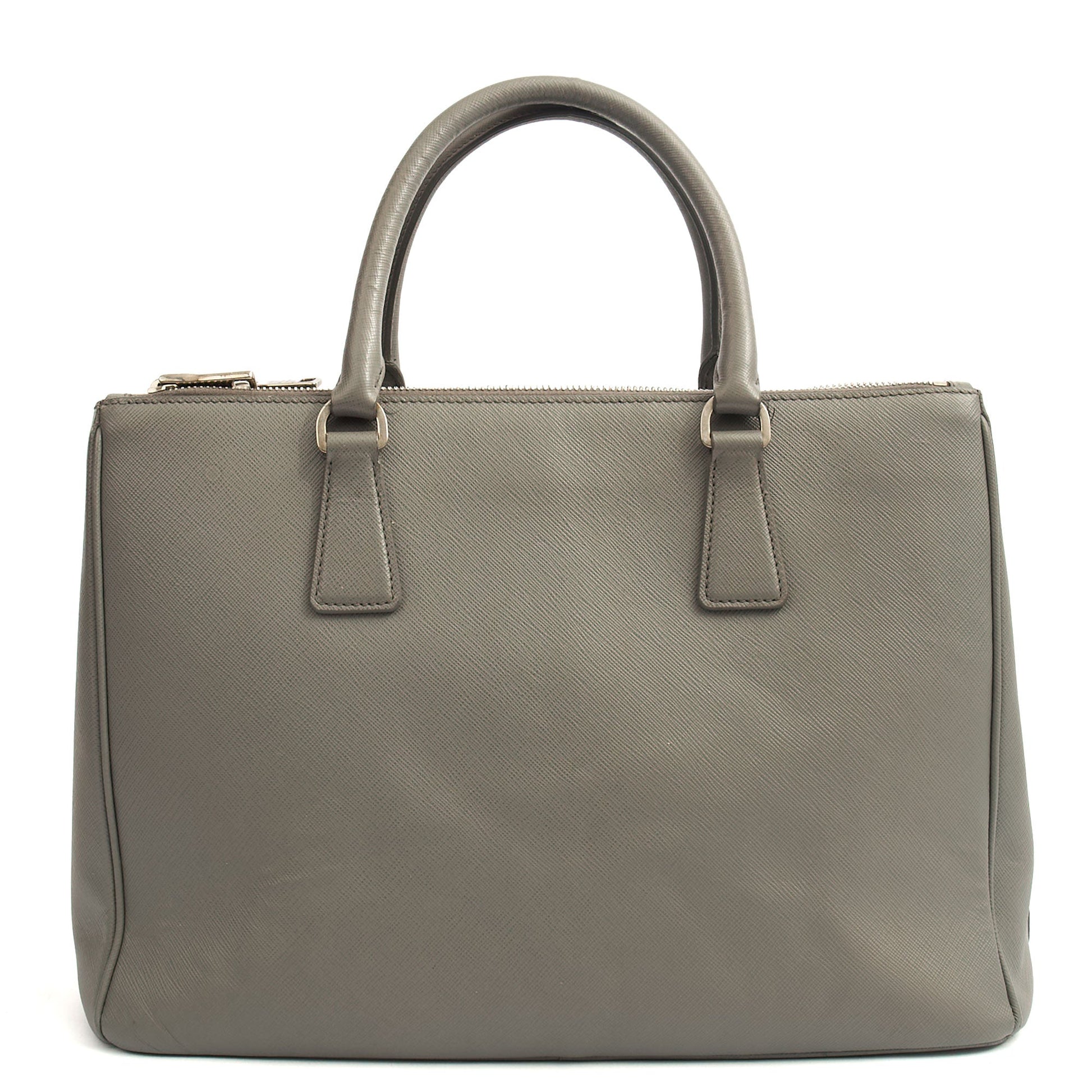 Prada Tote Galleria - Medium Double Zip Tote in Grey, Saffiano Leather — Back View