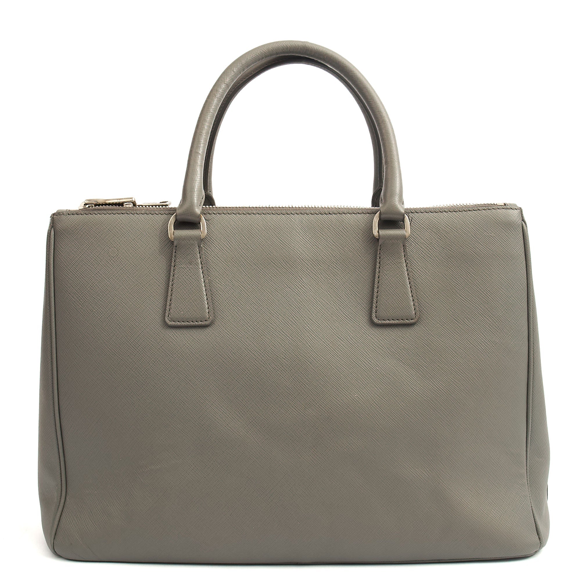 Prada Tote Galleria - Medium Double Zip Tote in Grey, Saffiano Leather — Back View