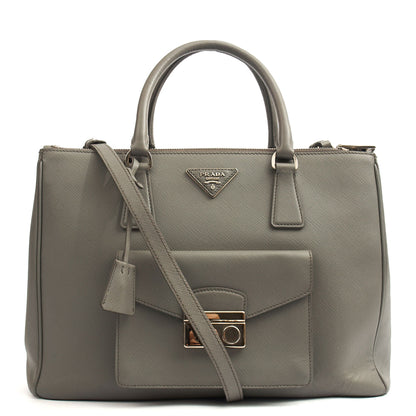 Prada Tote Galleria - Medium Double Zip Tote in Grey, Saffiano Leather — Front View