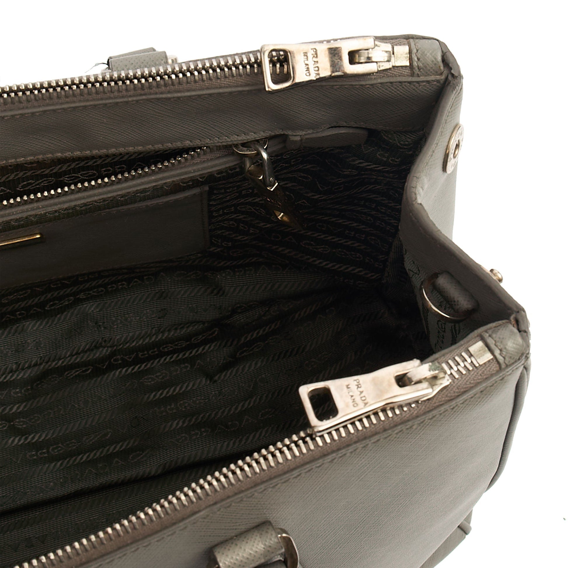 Prada Tote Galleria - Medium Double Zip Tote in Grey, Saffiano Leather — Detail View