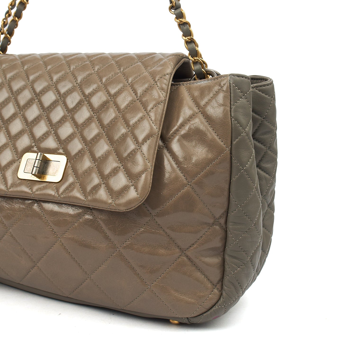 Chanel Tote Gabrielle Flap Bag in Grey, Glazed Calfskin — Detail View