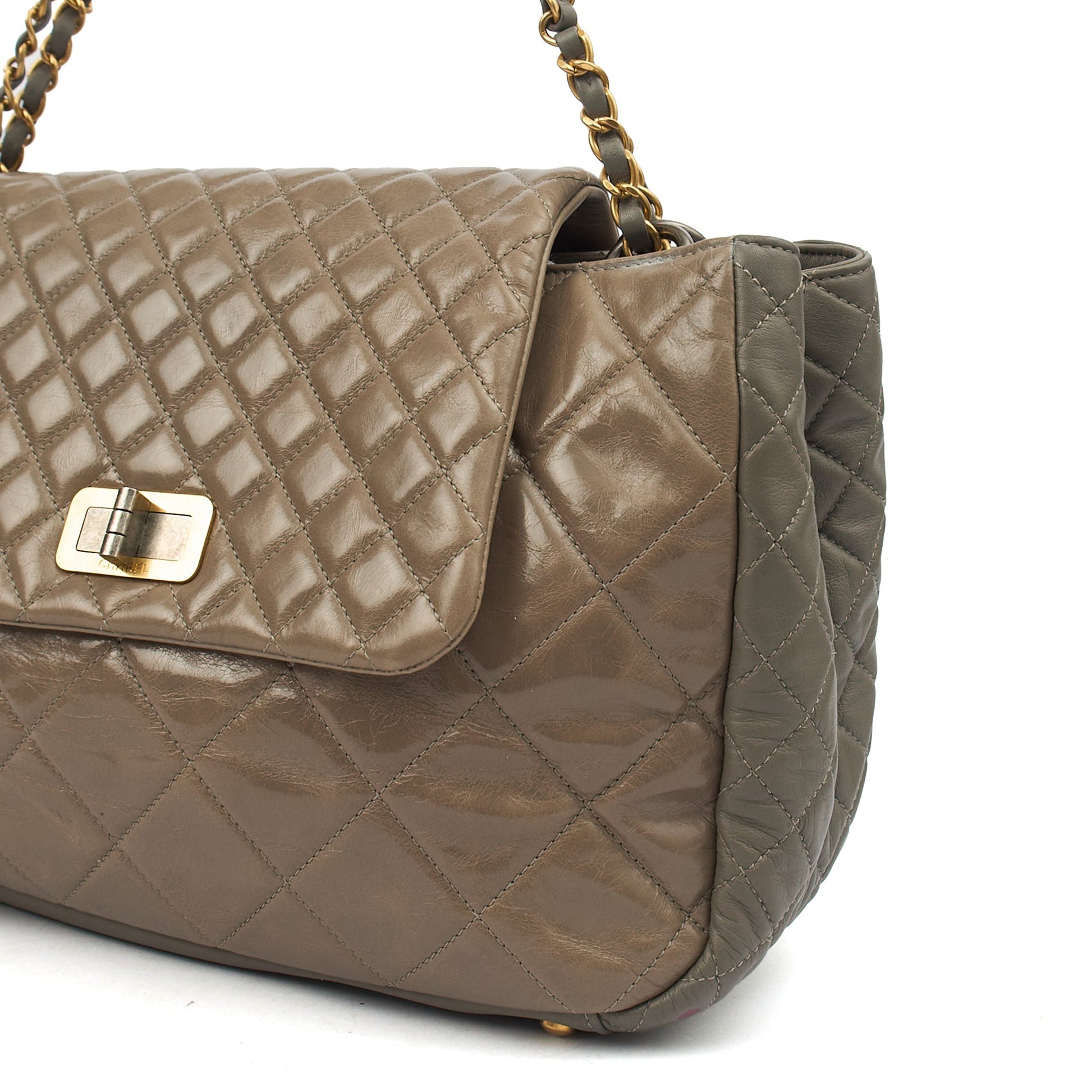 Chanel Tote Gabrielle Flap Bag in Grey, Glazed Calfskin — Detail View