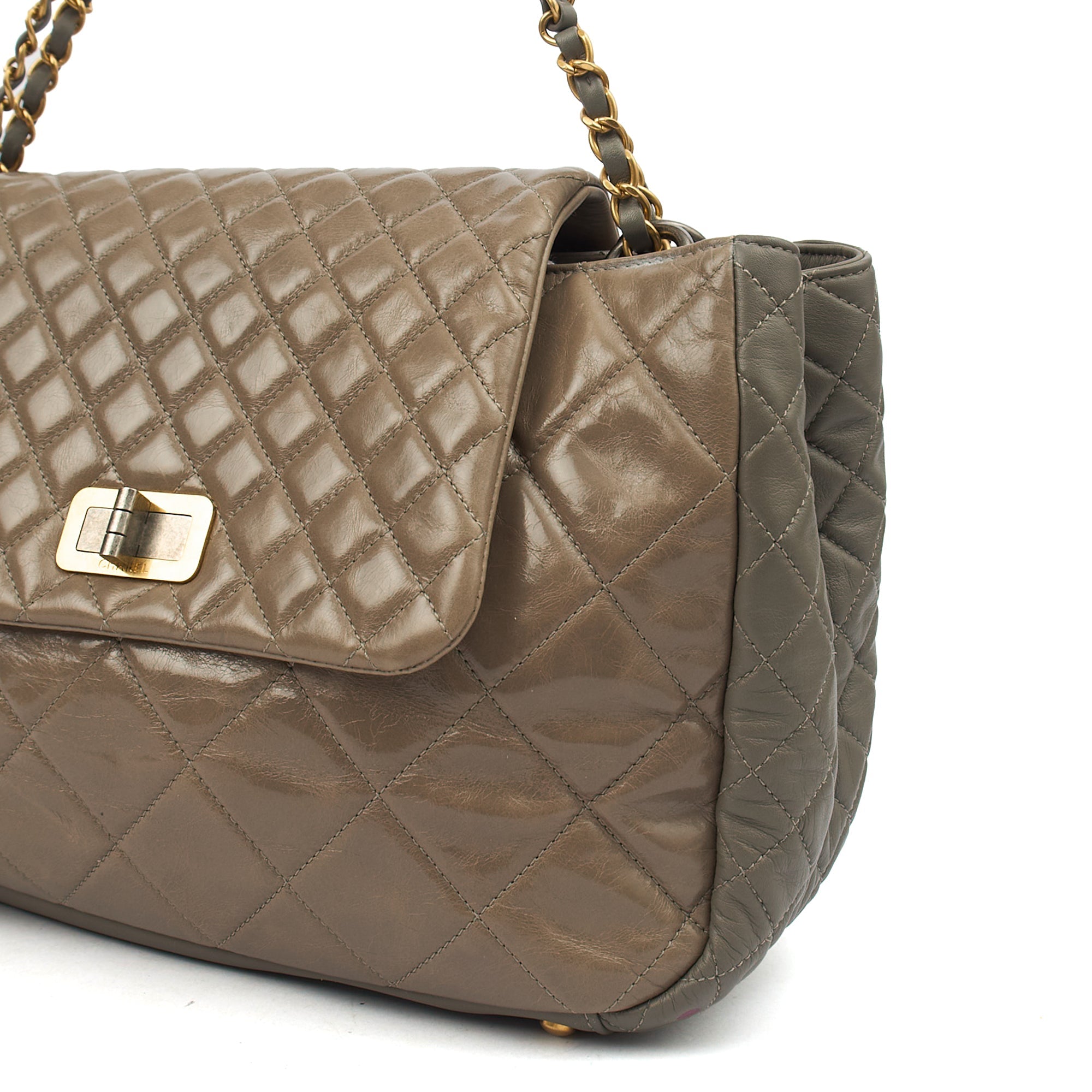 Chanel Tote Gabrielle Flap Bag in Grey, Glazed Calfskin — Detail View