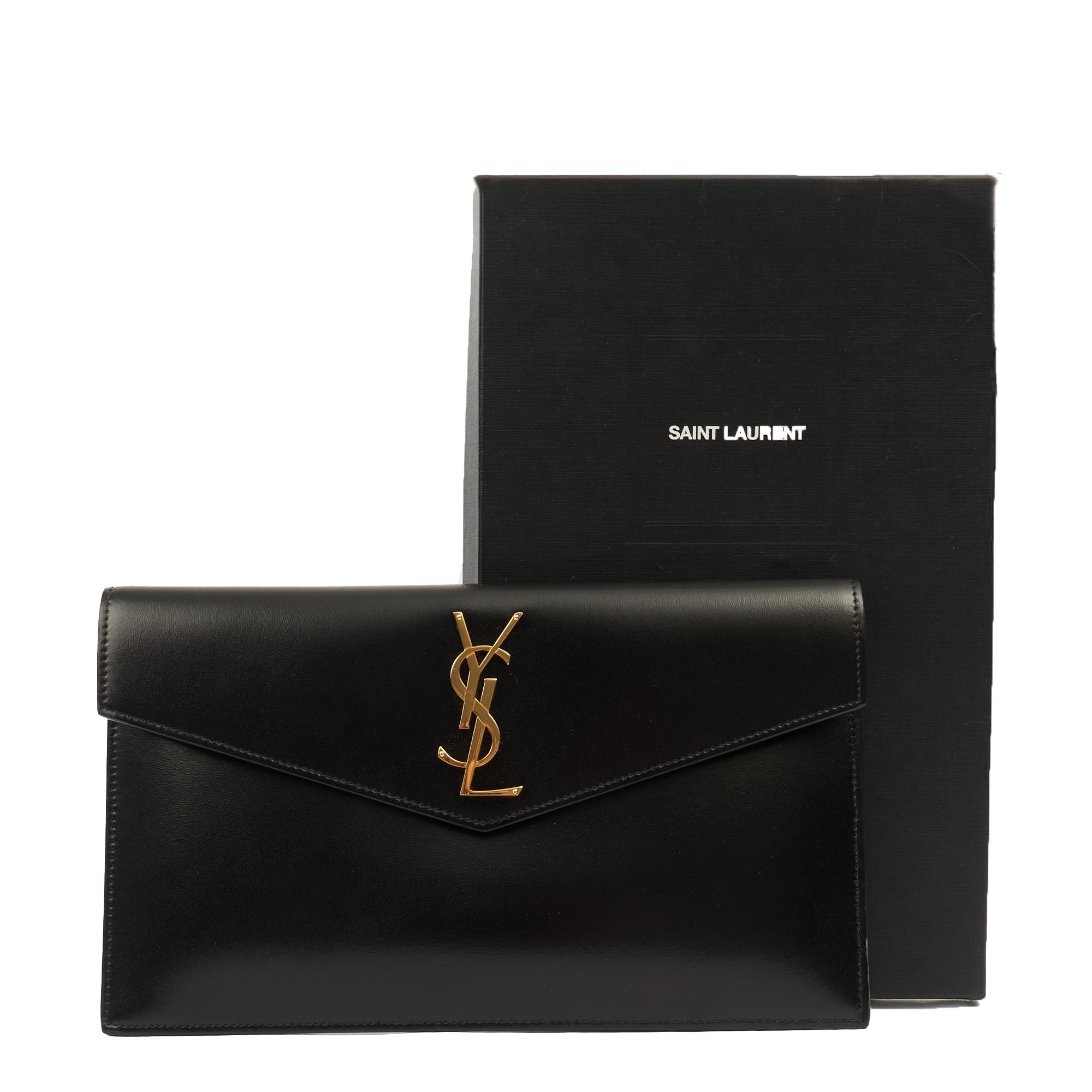 Saint Laurent Clutch Uptown Pouch in Black, Calfskin Leather — Side View