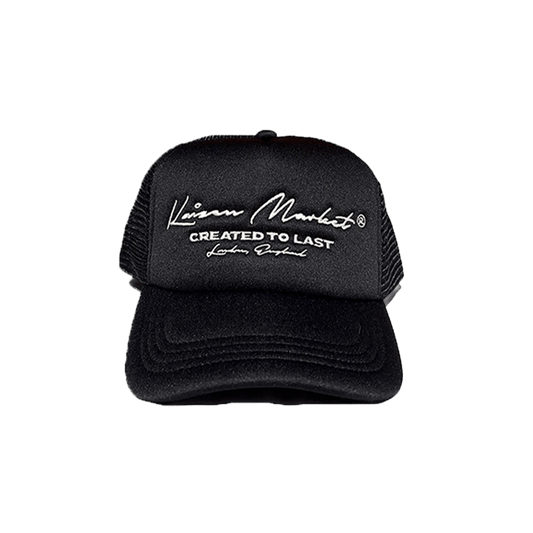 KAIZEN MARKET AUTOGRAPH TRUCKER HAT BLACK — ONE SIZE — Front View