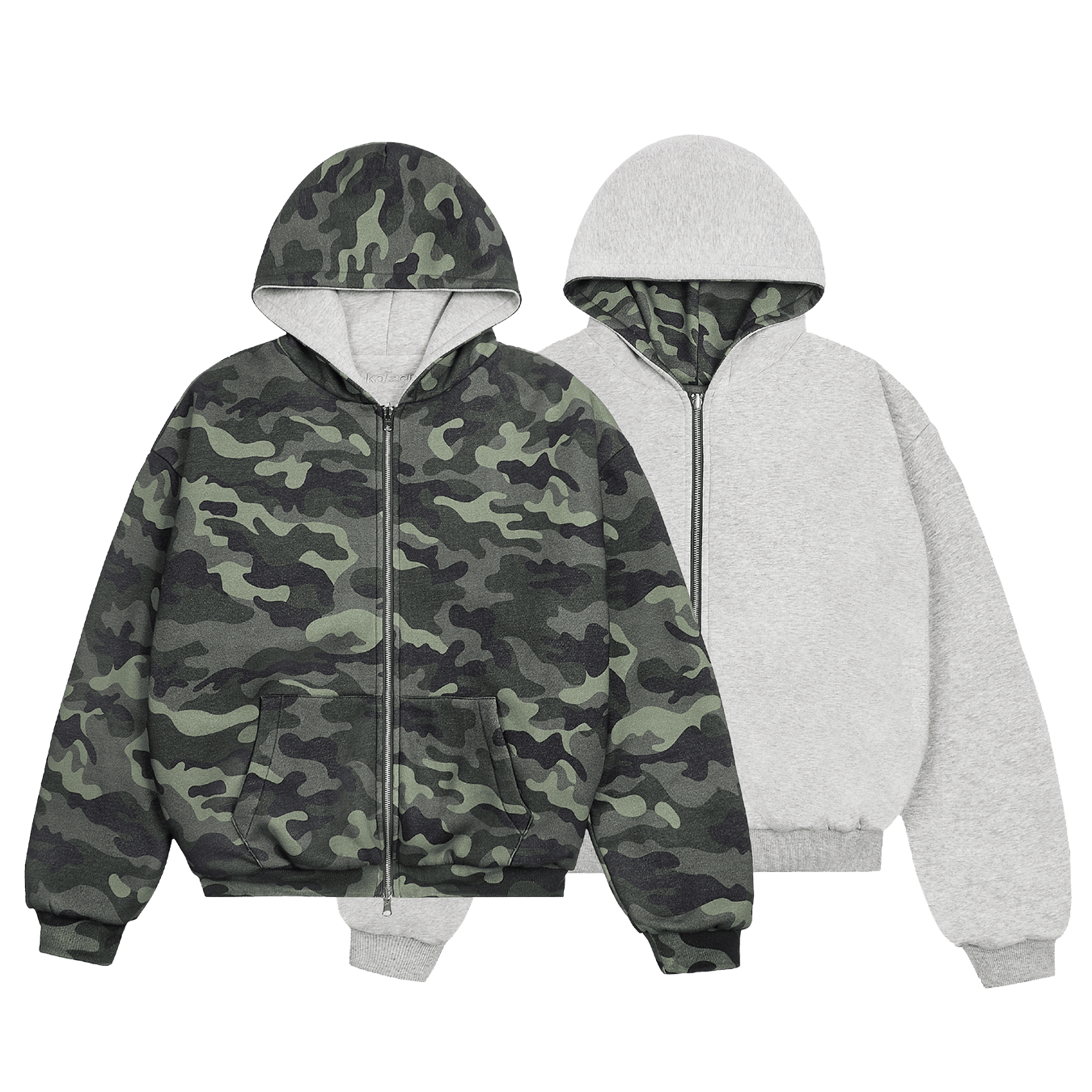 KAIZEN MARKET CAMO/GREY REVERSIBLE ZIP HOODIE — XS — Front View