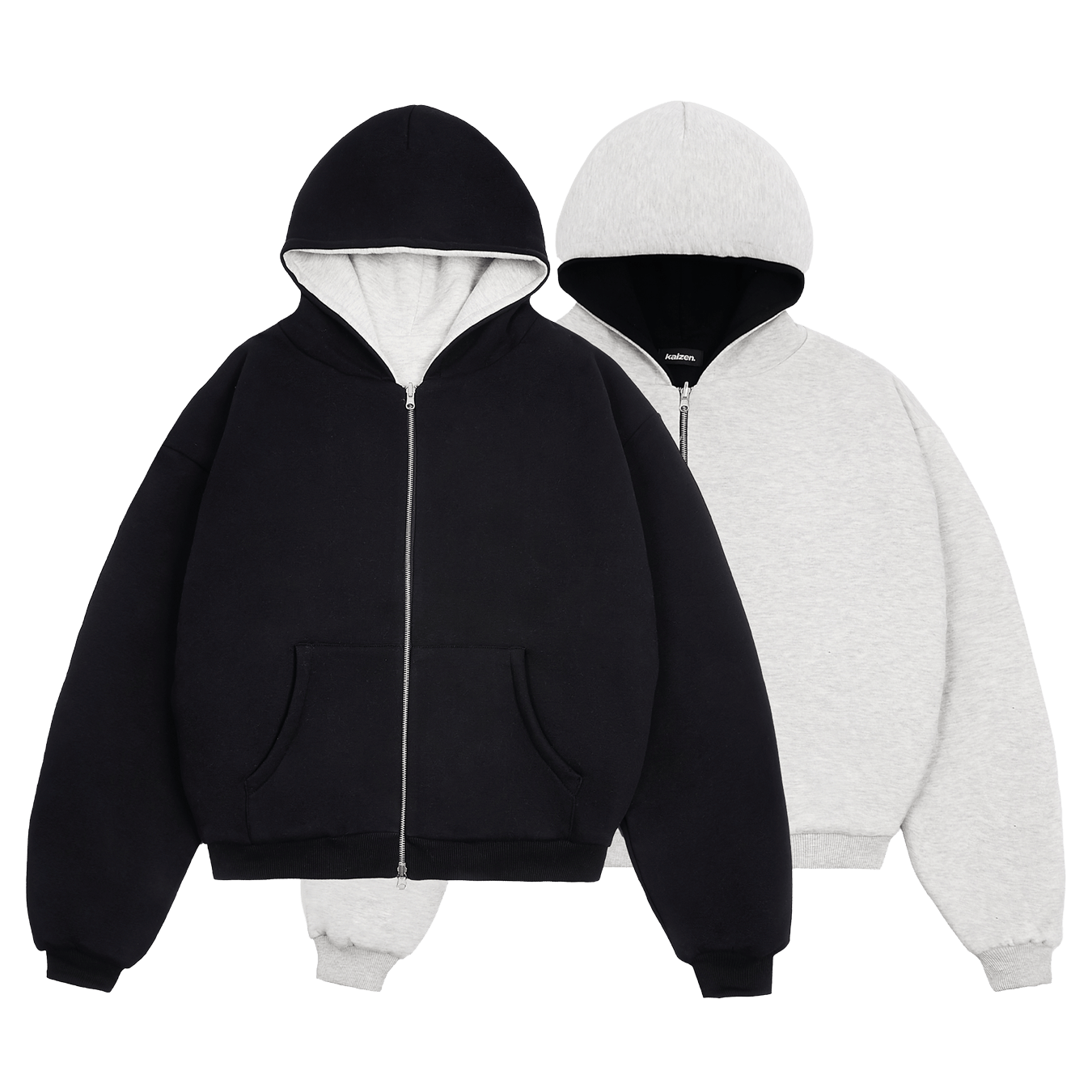 KAIZEN MARKET GREY/BLACK REVERSIBLE ZIP HOODIE — XS — Front View