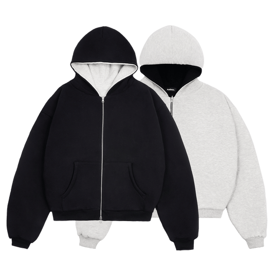 KAIZEN MARKET GREY/BLACK REVERSIBLE ZIP HOODIE — XS — Front View