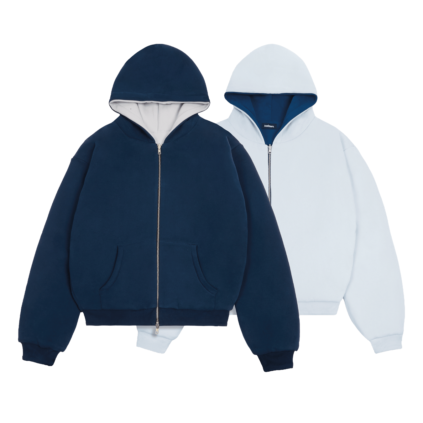 KAIZEN MARKET NAVY/STONE REVERSIBLE ZIP HOODIE — XS — Front View