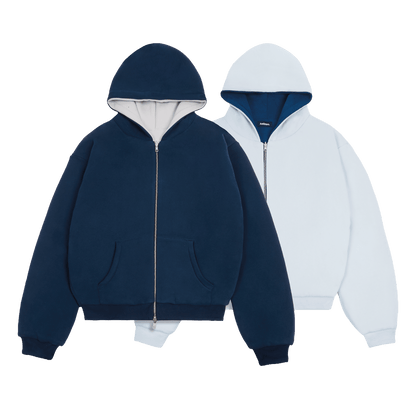 KAIZEN MARKET NAVY/STONE REVERSIBLE ZIP HOODIE — XS — Front View