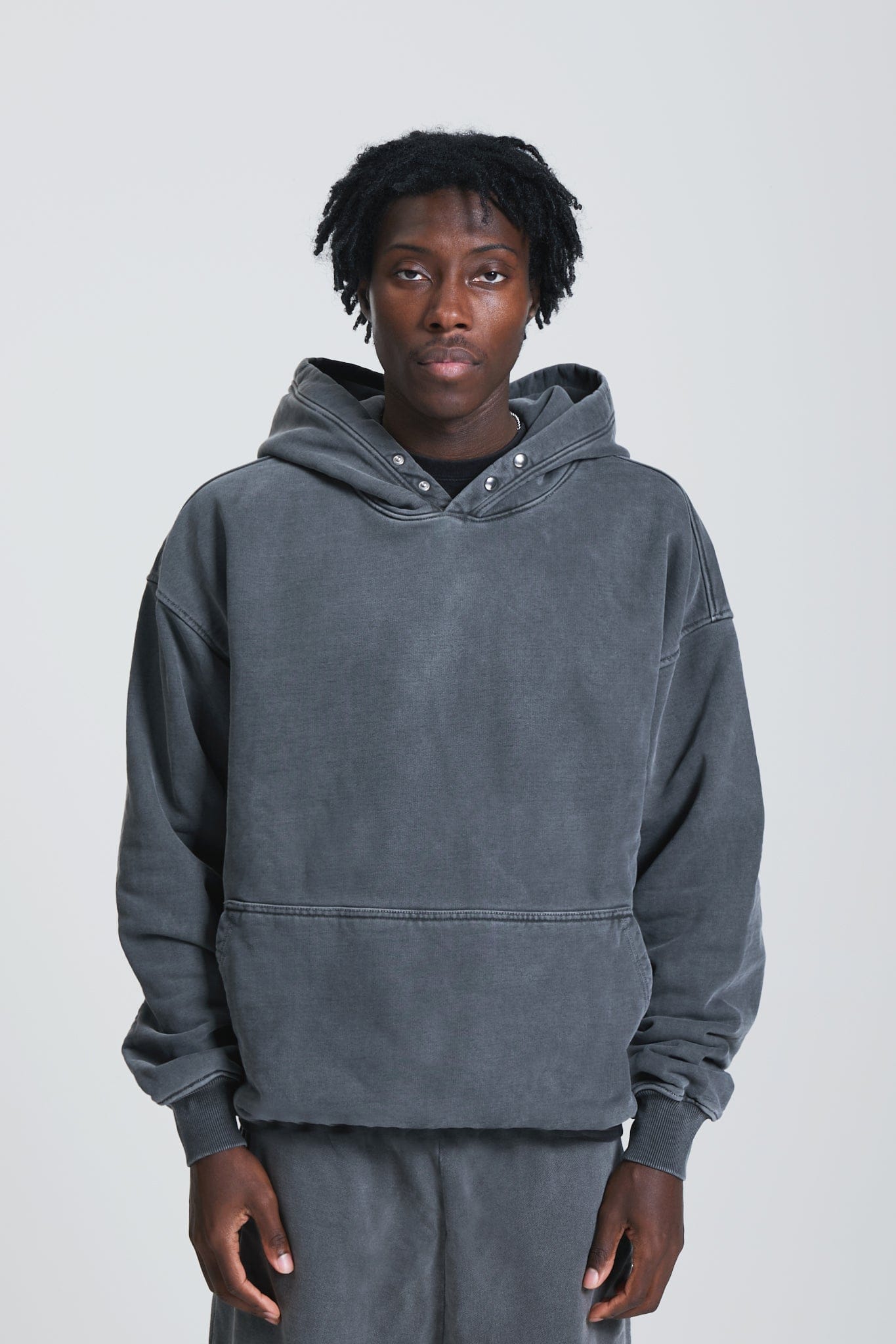 KAIZEN MARKET WASHED BLANK HOODIE CHARCOAL — SMALL — Side View