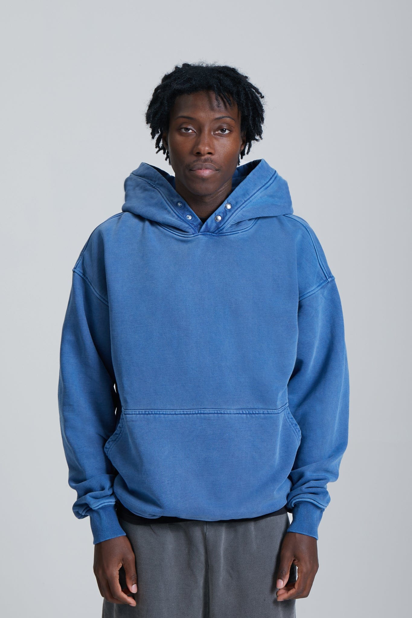 KAIZEN MARKET WASHED BLANK HOODIE BLUE — SMALL — Side View