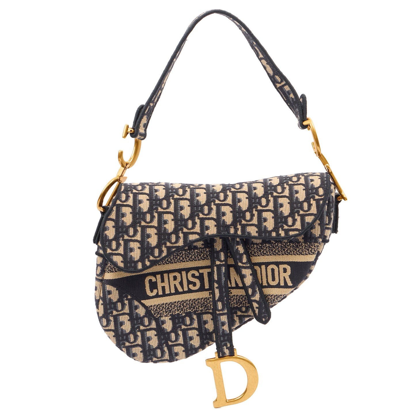 Christian Dior Shoulder Bag Saddle Bag in Blue, Dior Oblique Embroidery — Front View