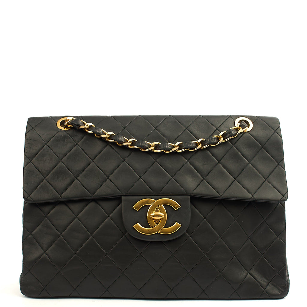 Chanel Shoulder Bag Maxi Jumbo XL in Black, Lambskin Leather — Front View