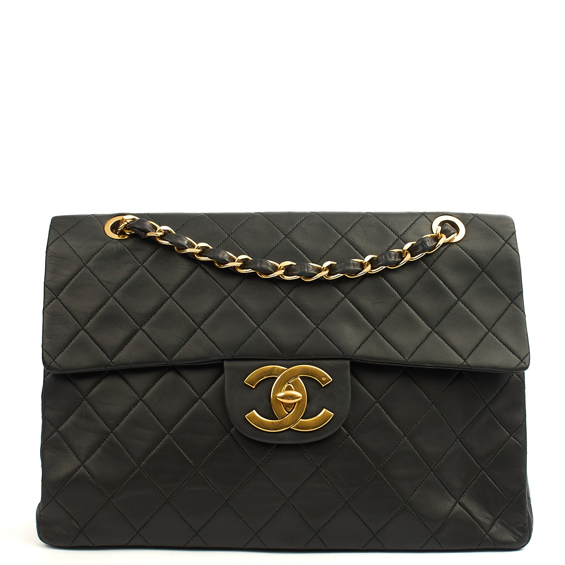 Chanel Shoulder Bag Maxi Jumbo XL in Black, Lambskin Leather — Front View