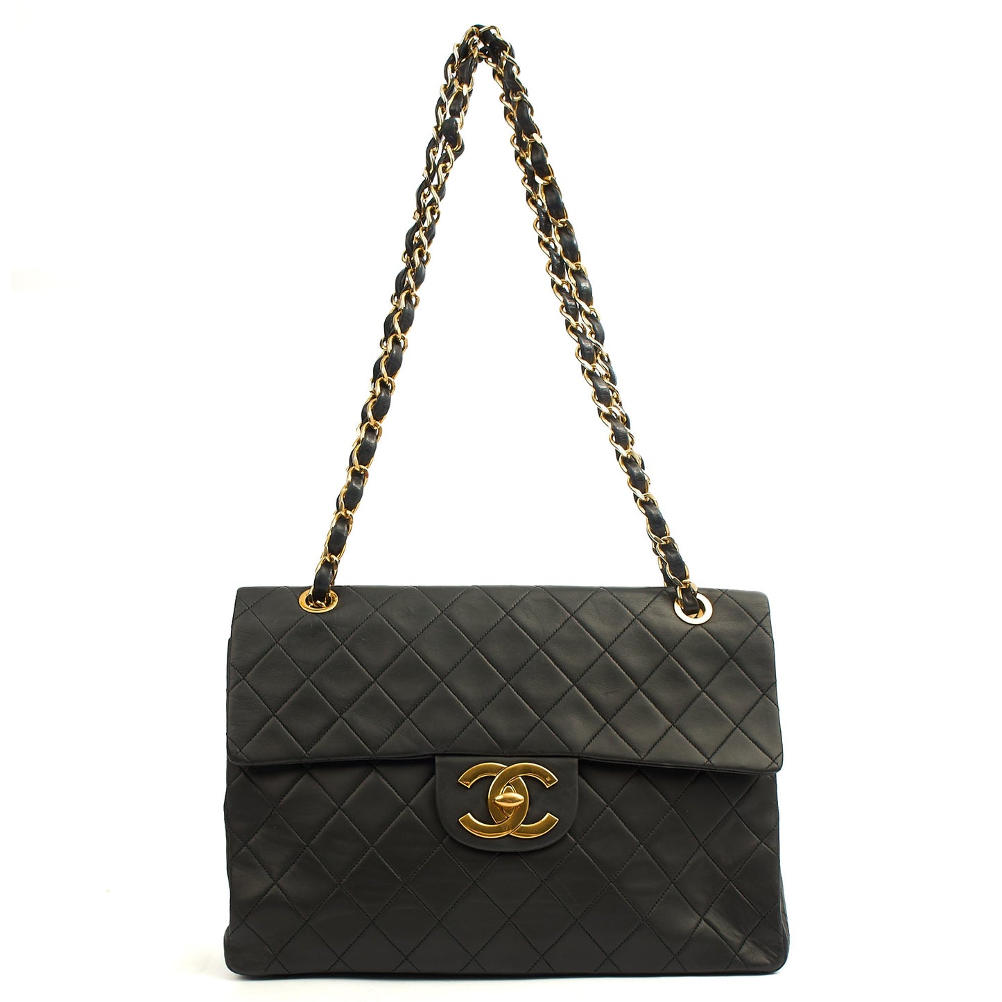 Chanel Shoulder Bag Maxi Jumbo XL in Black, Lambskin Leather — Lifestyle View