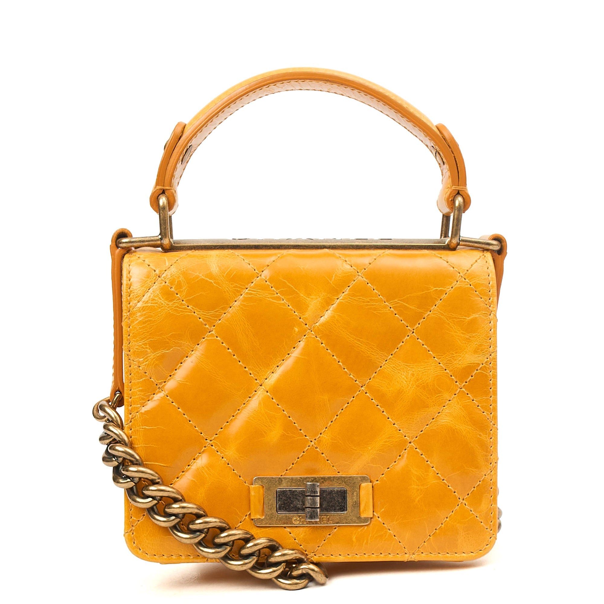 Chanel Top Handle Rita Dome in Yellow, Crinkled Calfskin Leather — Front View