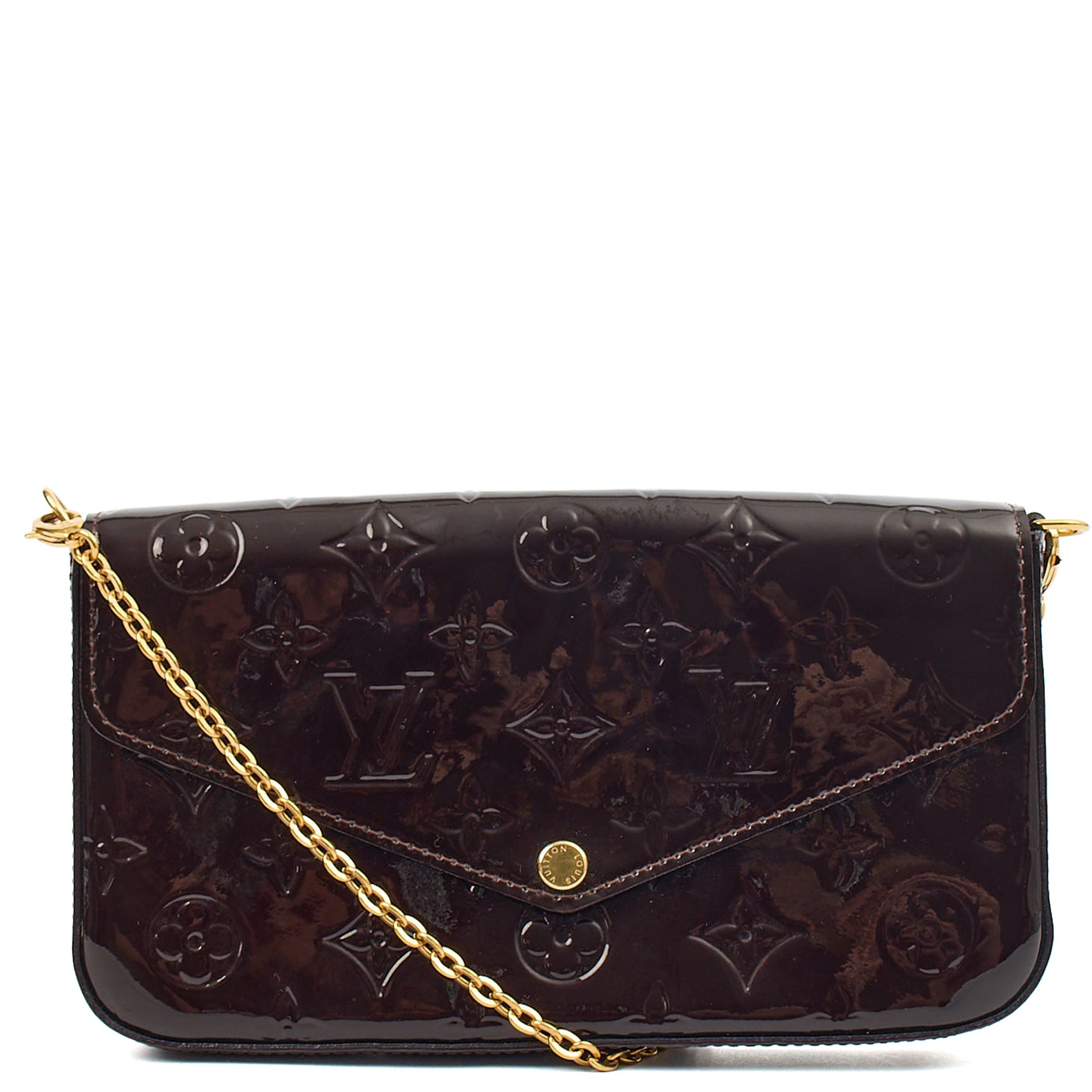 Louis Vuitton Cross Body Felicie Pochette in Amarante, Vernis — Front View