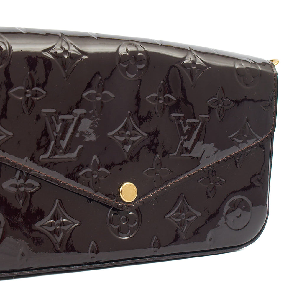 Louis Vuitton Cross Body Felicie Pochette in Amarante, Vernis — Lifestyle View