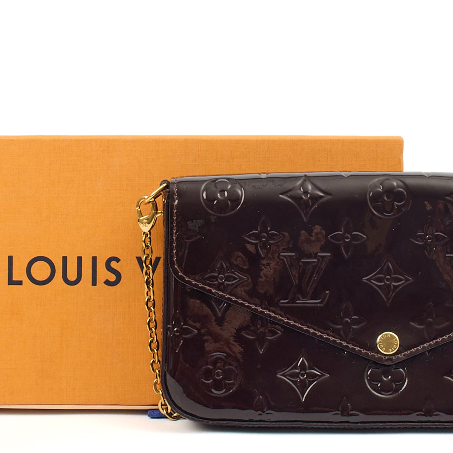 Louis Vuitton Cross Body Felicie Pochette in Amarante, Vernis — Side View