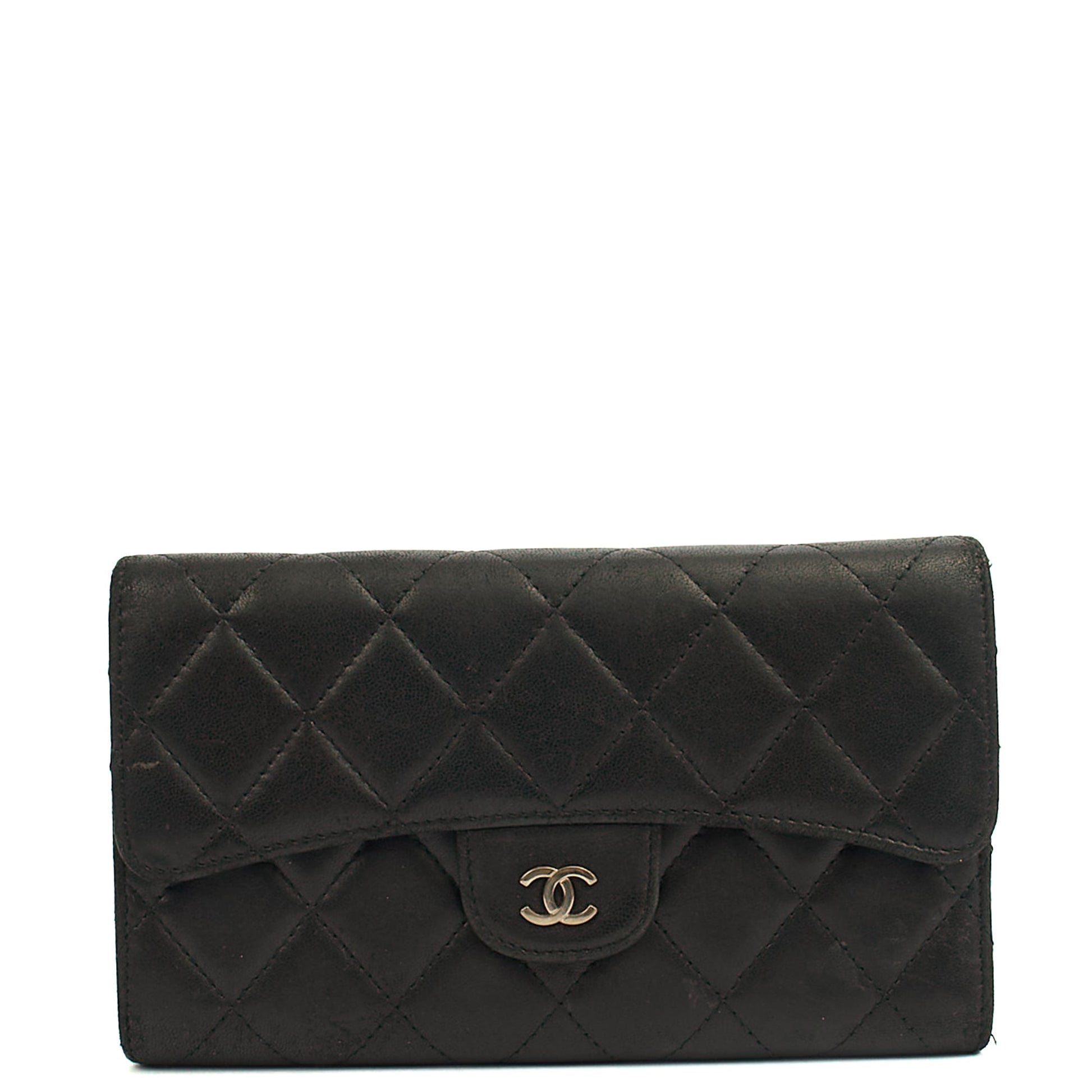 Chanel Purse Classic Long Flap Wallet in Black, Lambskin Leather — Front View
