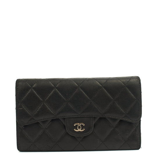 Chanel Purse Classic Long Flap Wallet in Black, Lambskin Leather — Front View