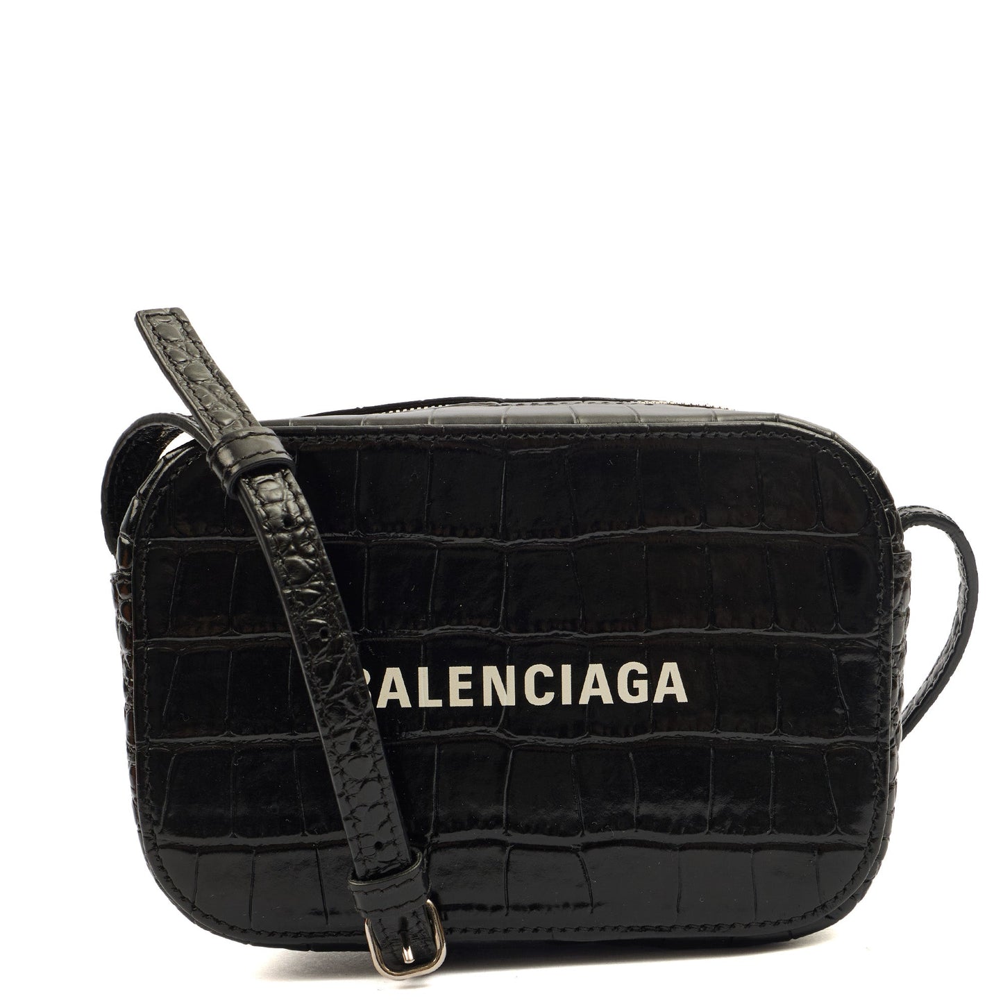 Balenciaga Cross Body Everyday Camera Bag - XS in Black, Exotic Effect Leather — Front View