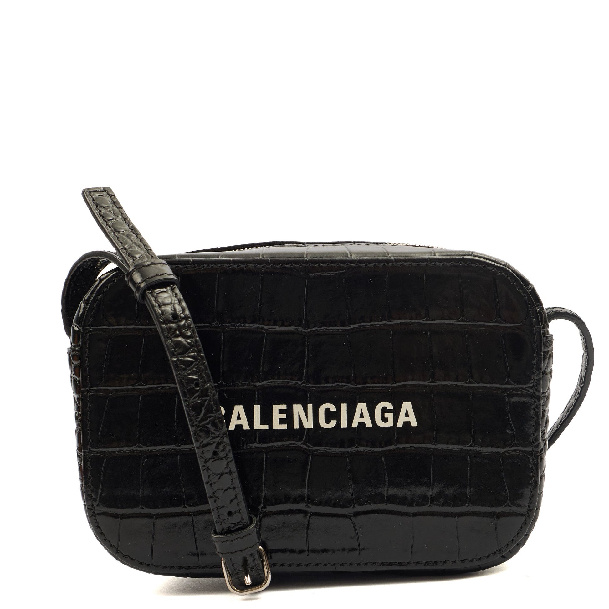 Balenciaga Cross Body Everyday Camera Bag - XS in Black, Exotic Effect Leather — Front View