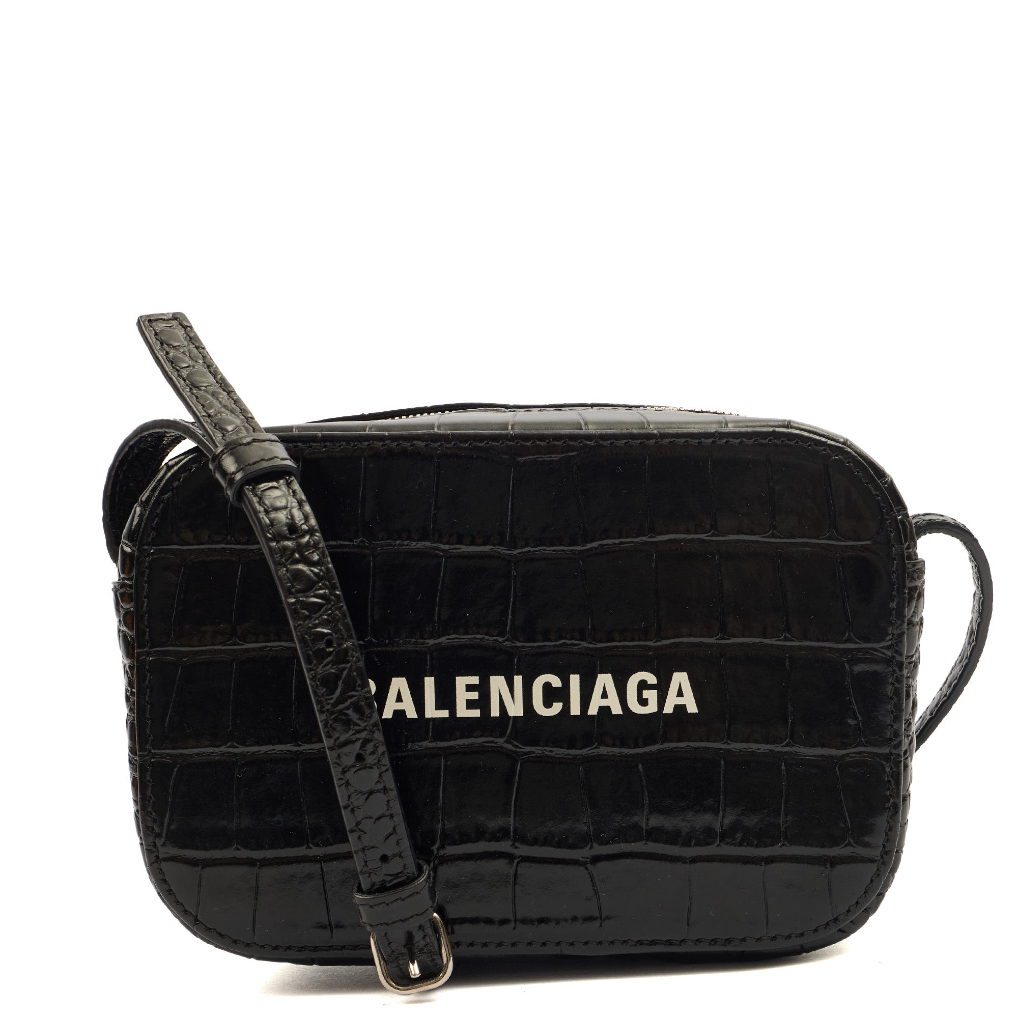Balenciaga Cross Body Everyday Camera Bag - XS in Black, Exotic Effect Leather — Front View