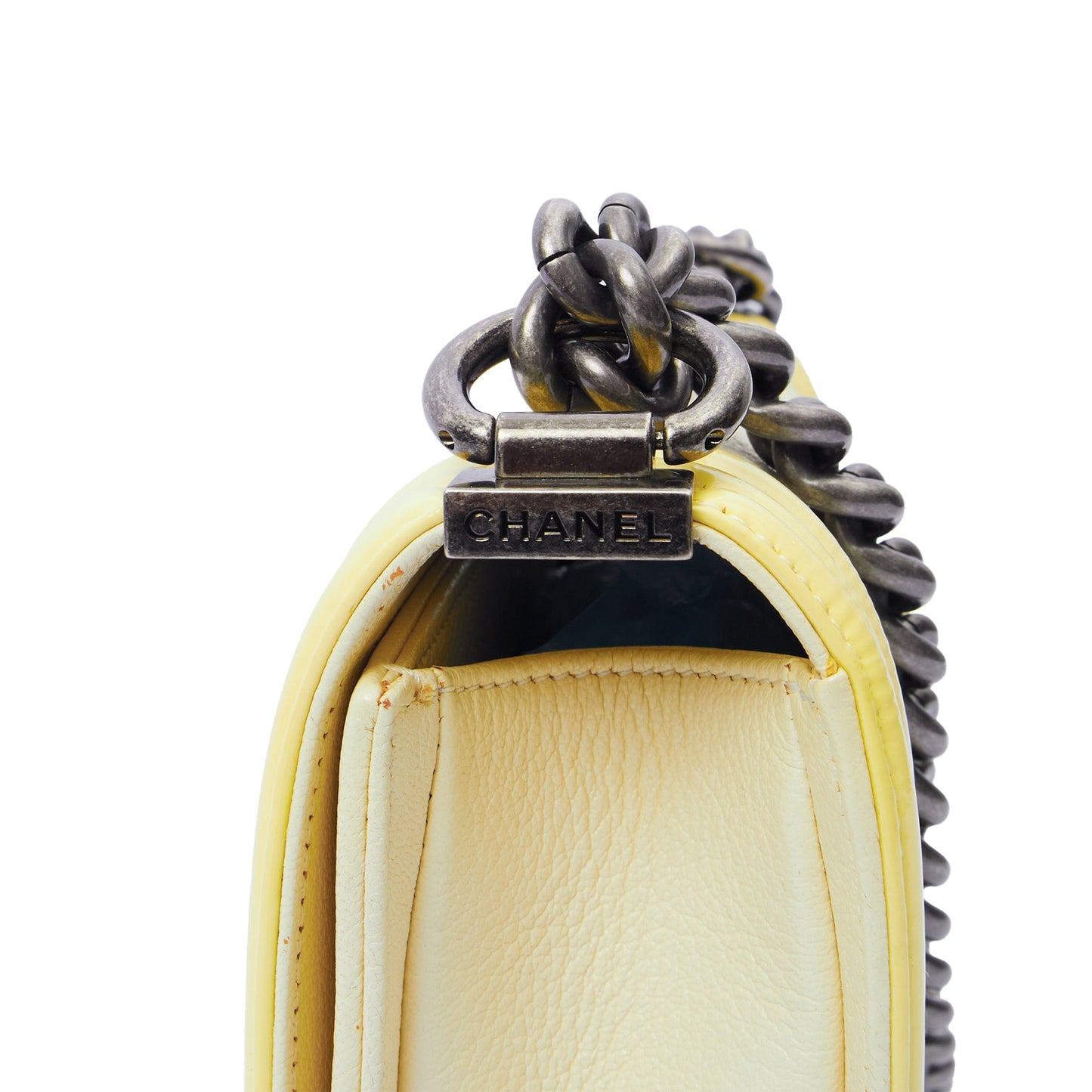 Chanel Shoulder Bag Boy - Small in Neutral, Calfskin Leather — Detail View