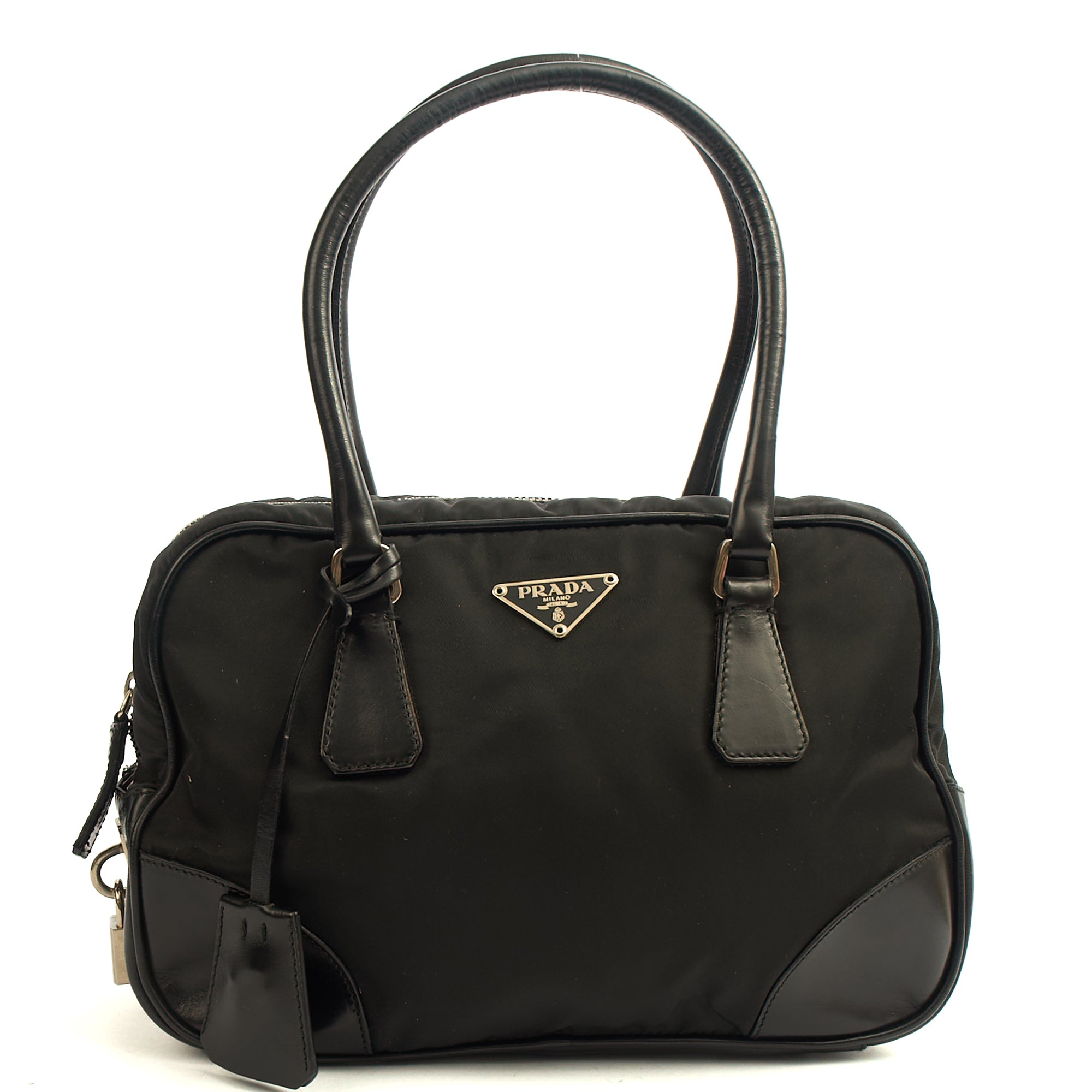 Prada Top Handle Shoulder Bag in Black, Nylon — Front View
