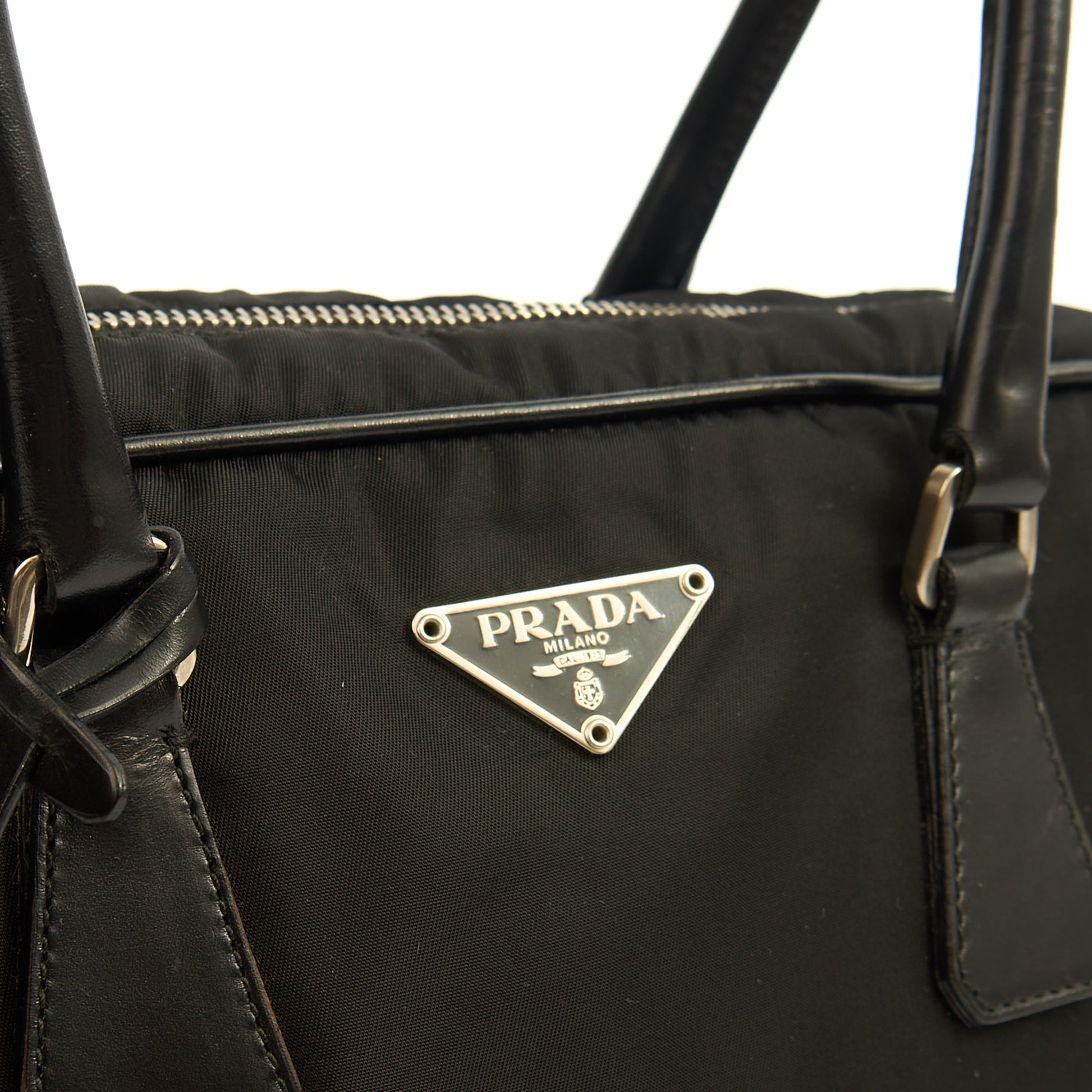 Prada Top Handle Shoulder Bag in Black, Nylon — Lifestyle View