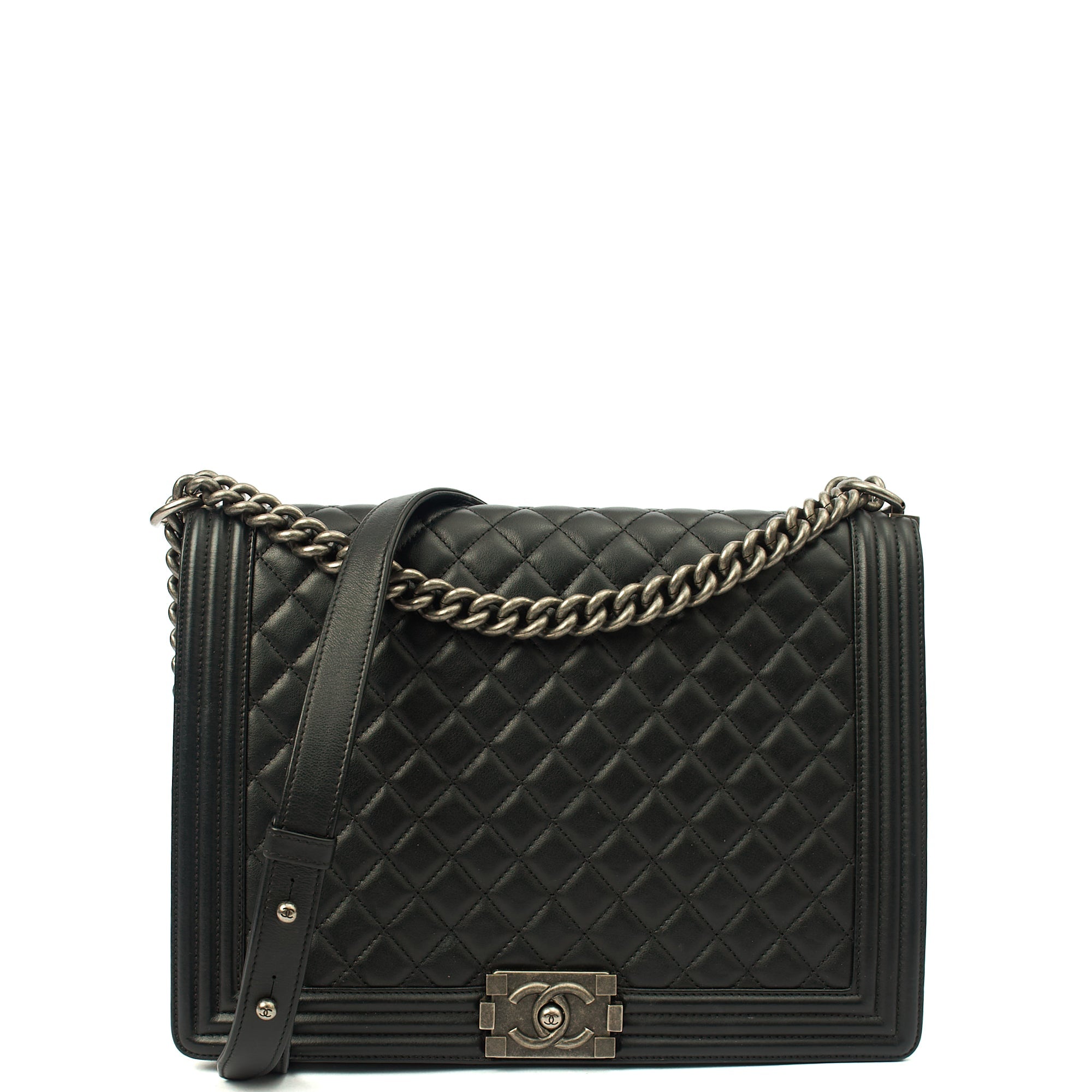 Chanel Shoulder Bag Boy - Large in Black, Calfskin Leather — Front View