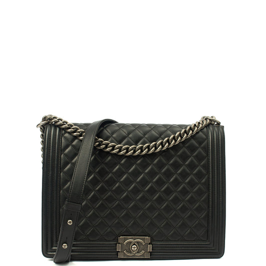 Chanel Shoulder Bag Boy - Large in Black, Calfskin Leather — Front View